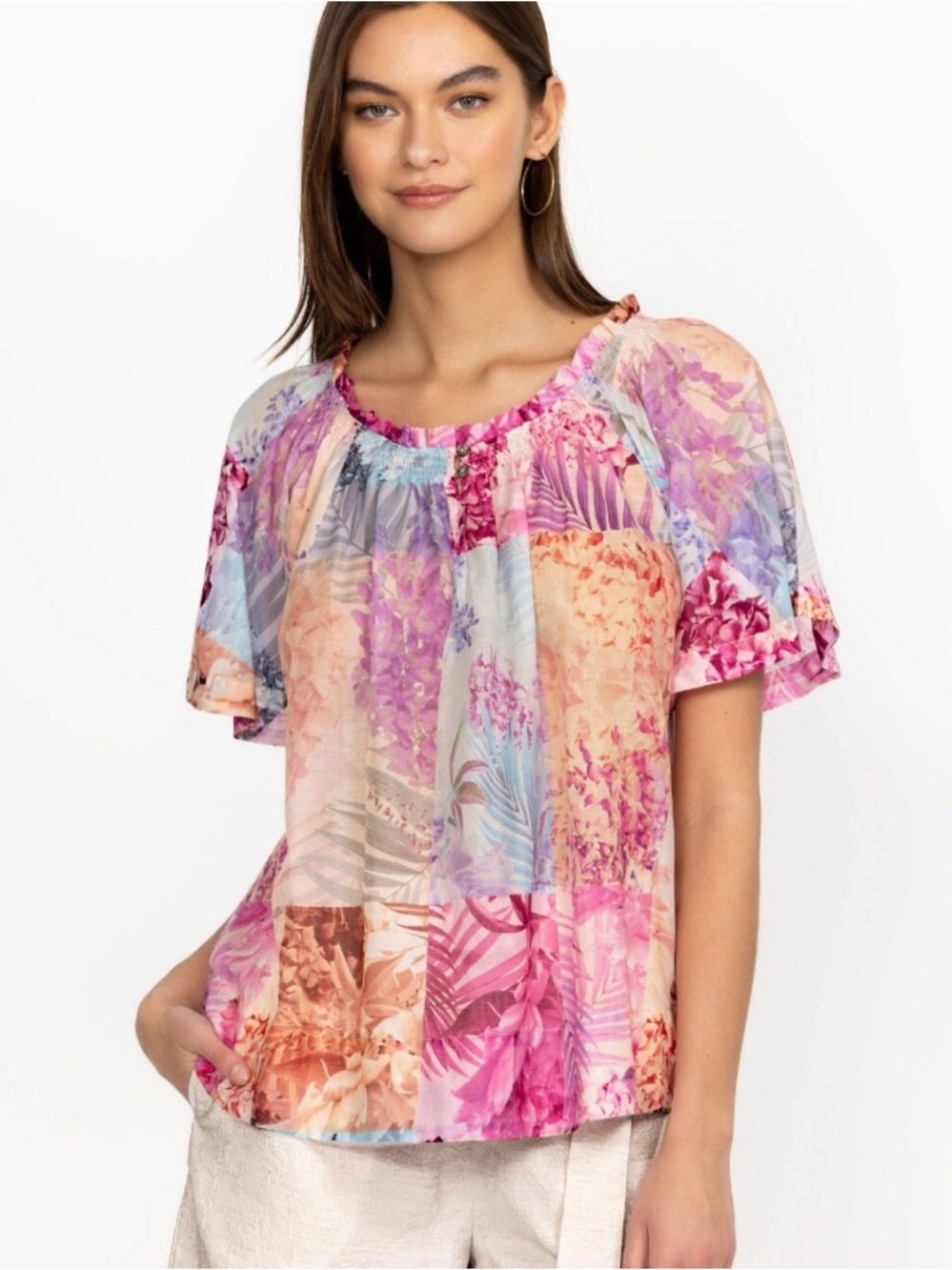 Johnny Was Esme Peasant Blouse Floral Patchwork Silk Blend Pink Size L